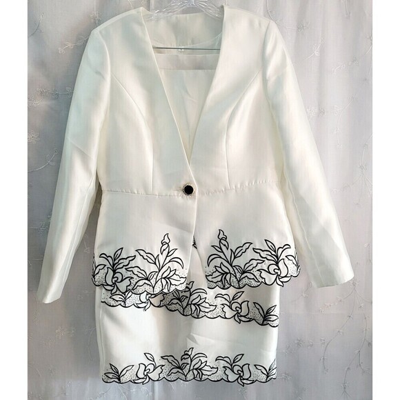 New Womens Sz 2pc Skirt Set Jacket White Black Lace Floral